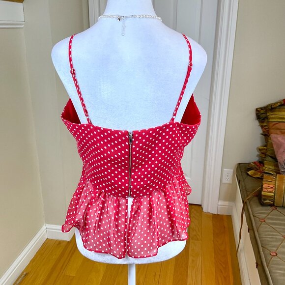 BCBGMAXAZRIA Top Crop Camisole Red White Polka Dot Flowy Peplum (M) - Picture 3 of 6
